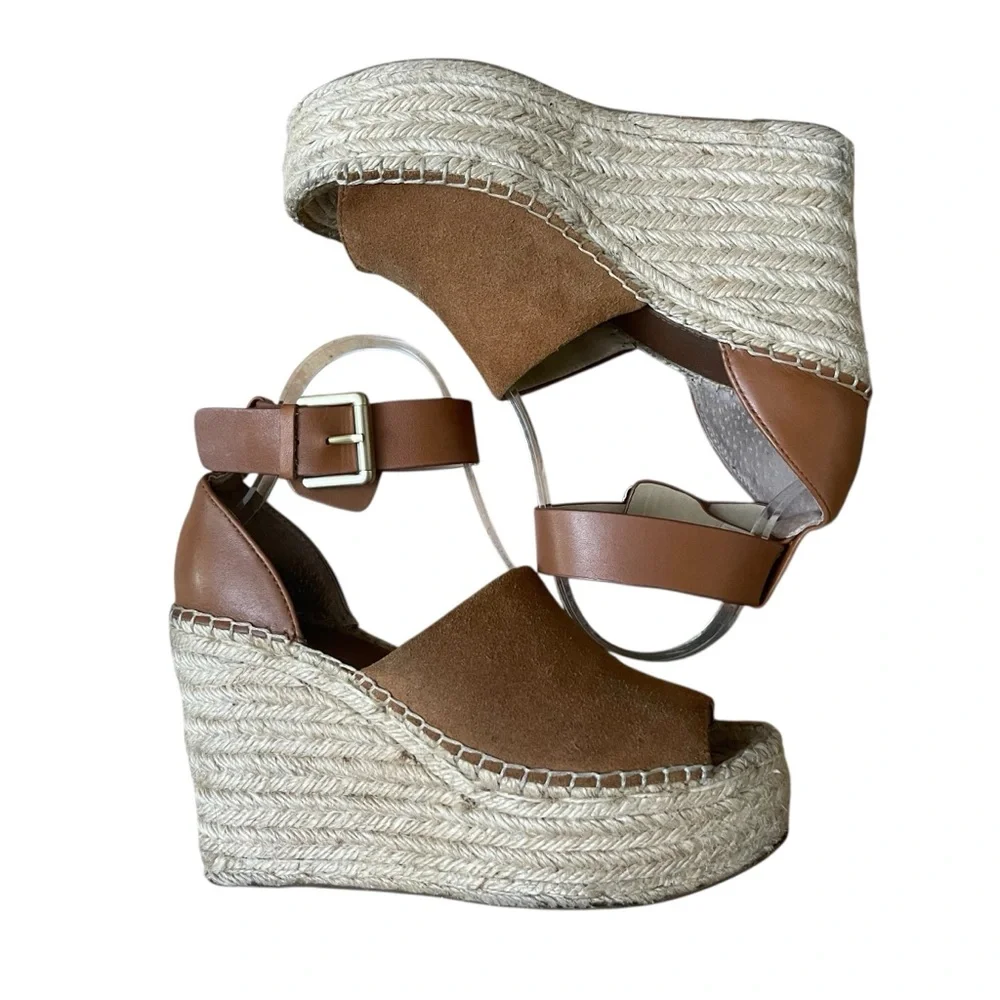 Marc Fisher Mladalyn Suede Brown Wedge Platform Espadrilles with Ankle Strap 6.5